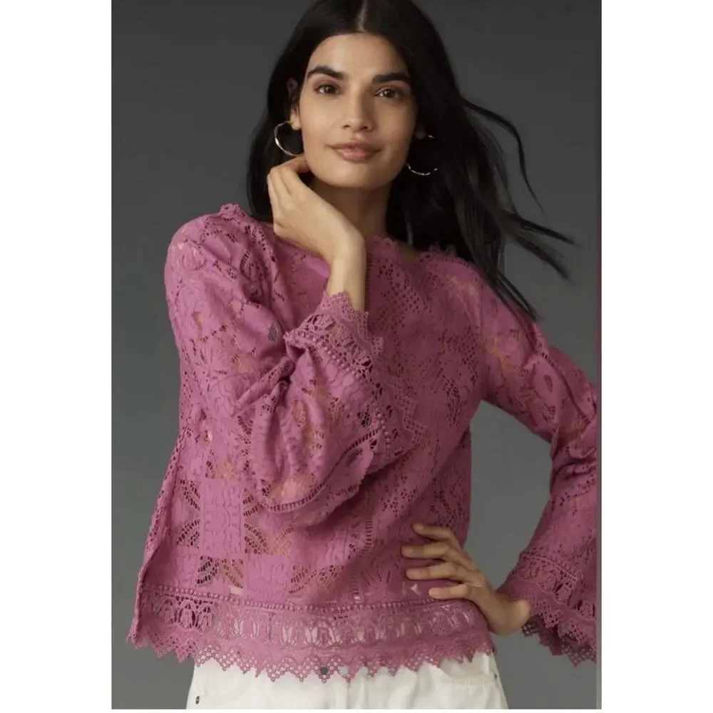 Anthropologie Long Sleeve‎ Lace Patches Blouse XS Lavender Pink